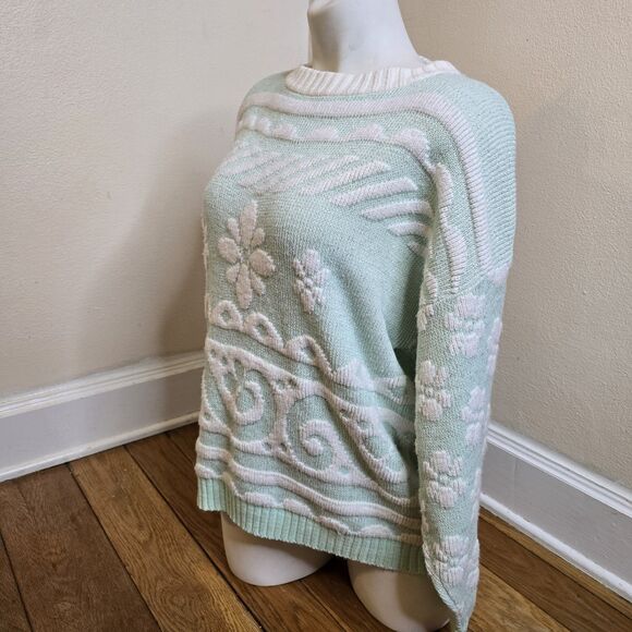 Vintage Beaucoup USA Made Mint Green White Metallic Floral Knit Pullover Sweater - Picture 6 of 12